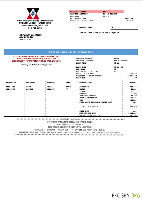 USA West Memphis Business Utility Commission Facture de services publics Modèle Word et PDF